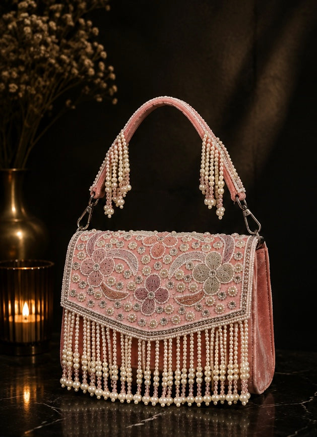 ROSÉ PEARL EMBROIDERED SHOULDER BAG