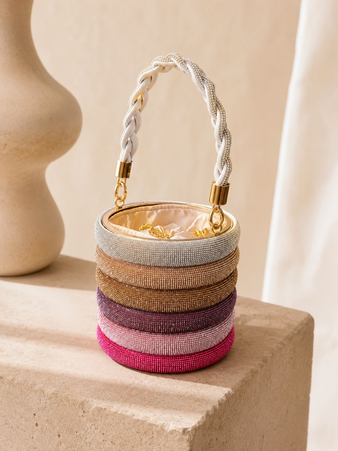 Luxe Halo Crystal Bucket Bag