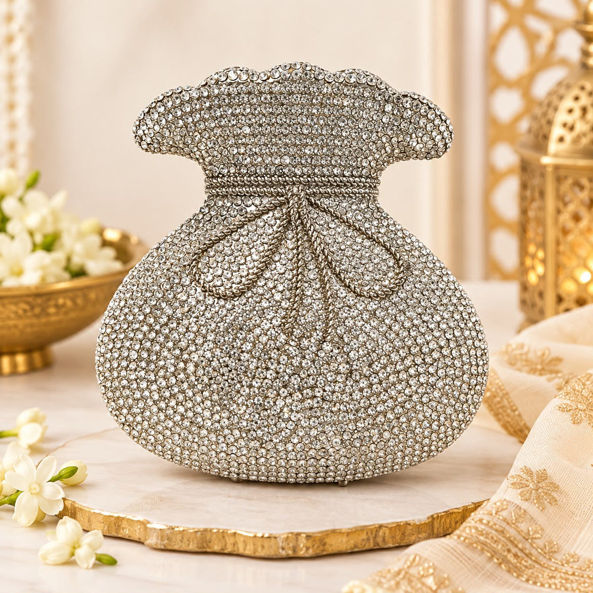 Silver Crystal Embellished Potli Bag