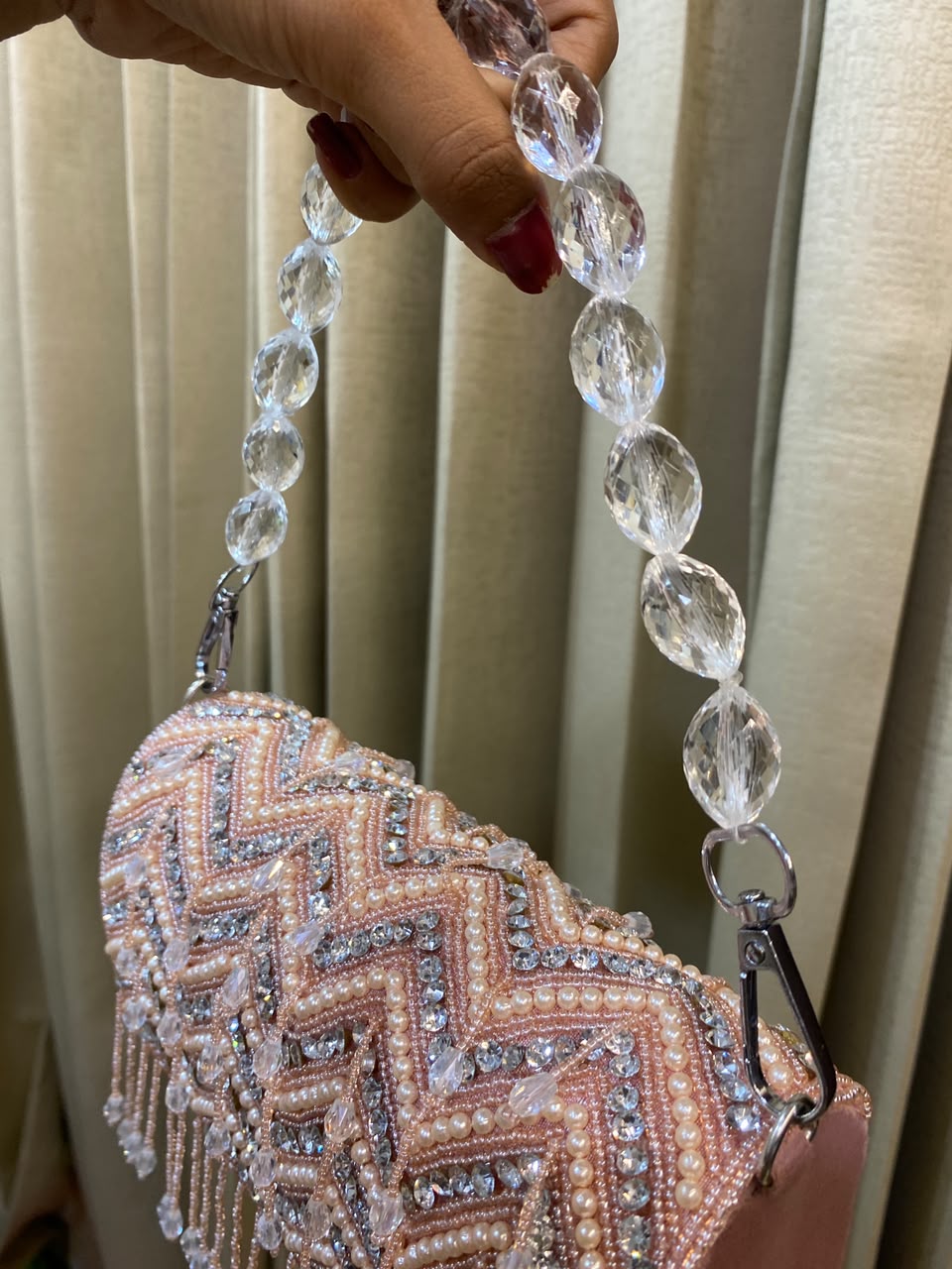 Blush Chevron Pearl Fringe Clutch