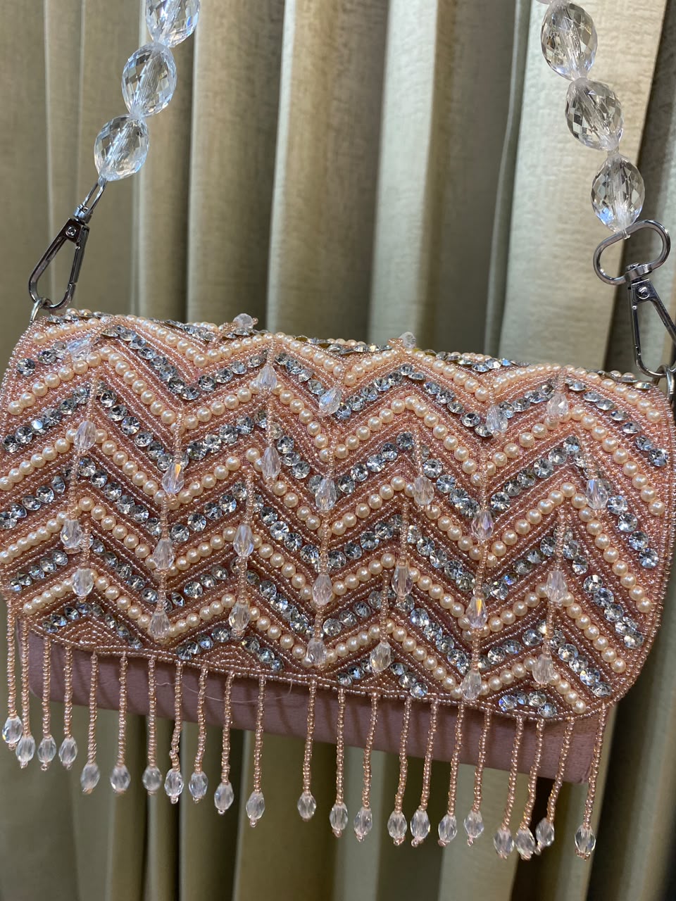 Blush Chevron Pearl Fringe Clutch
