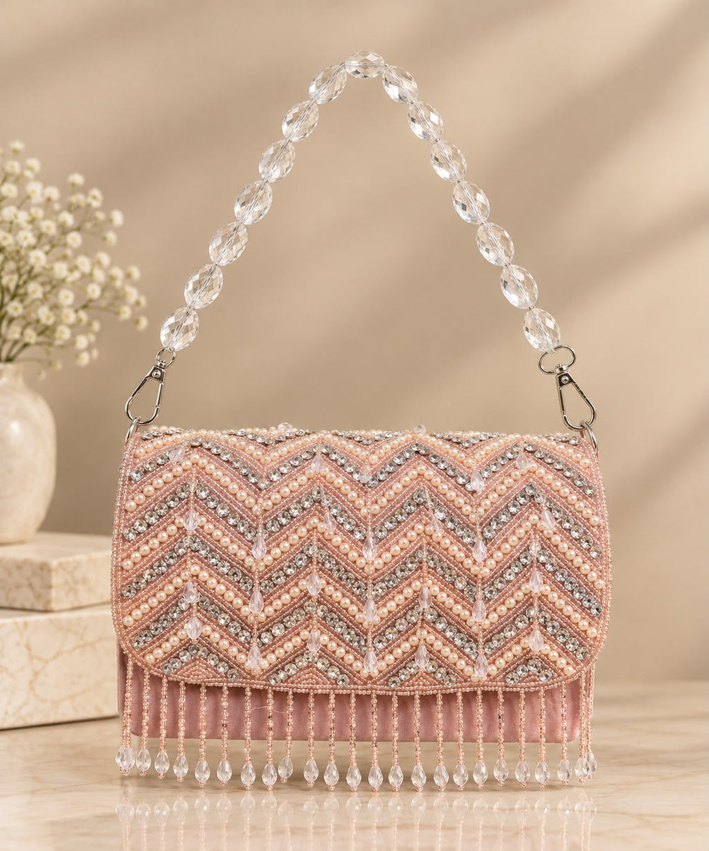 Blush Chevron Pearl Fringe Clutch