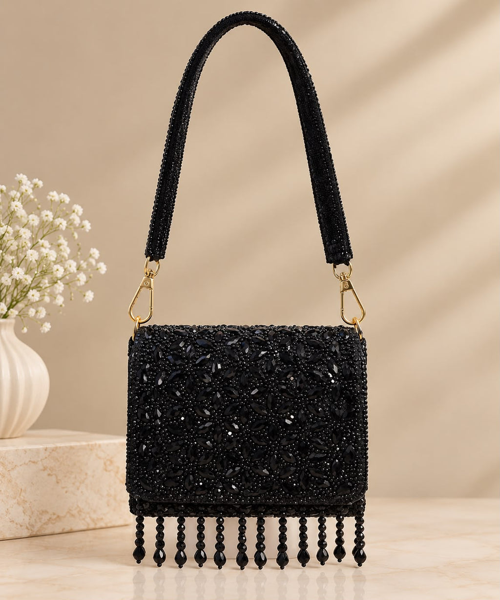 Noir Crystal Fringe Bag