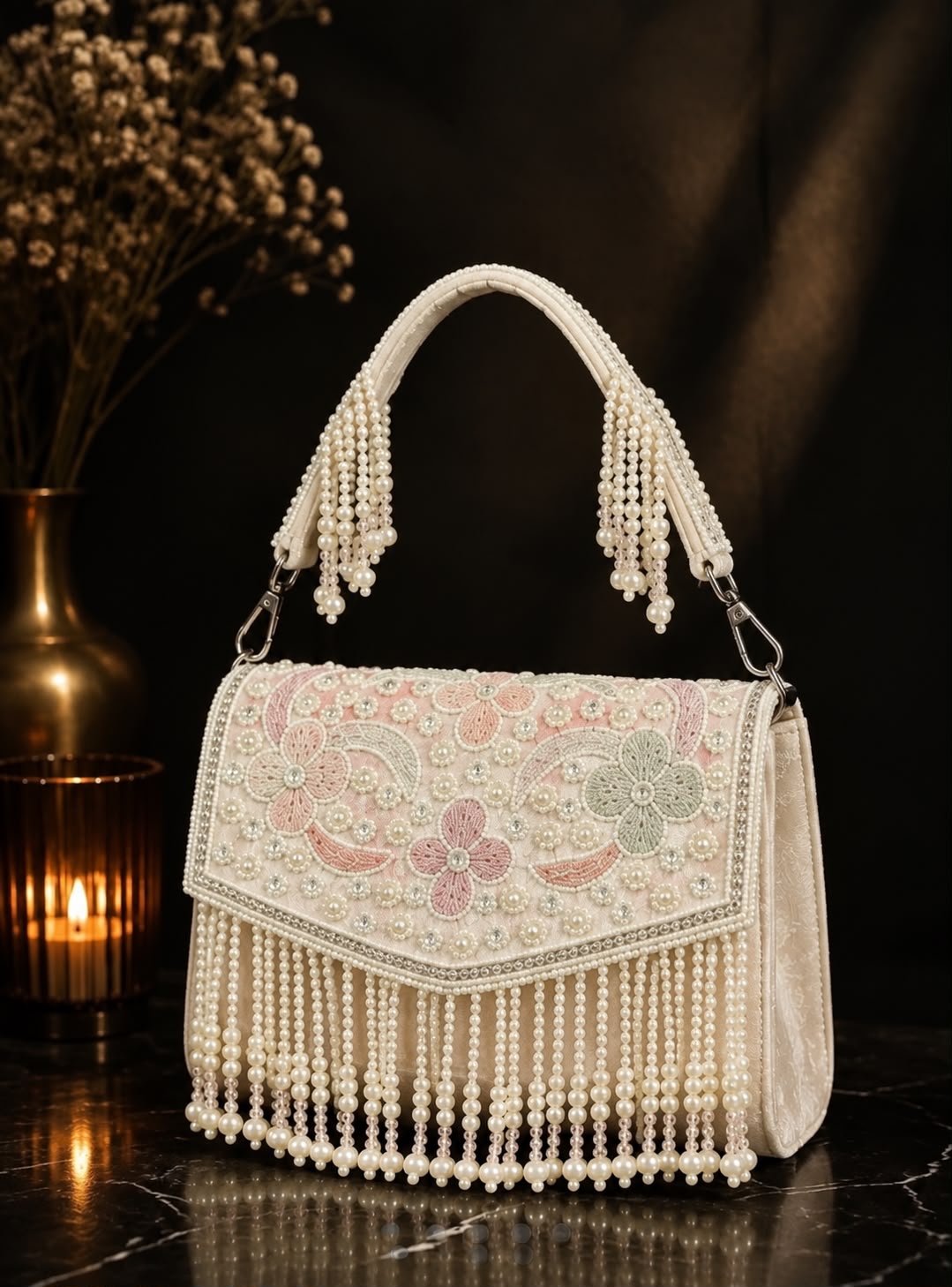 ROSÉ PEARL EMBROIDERED SHOULDER BAG