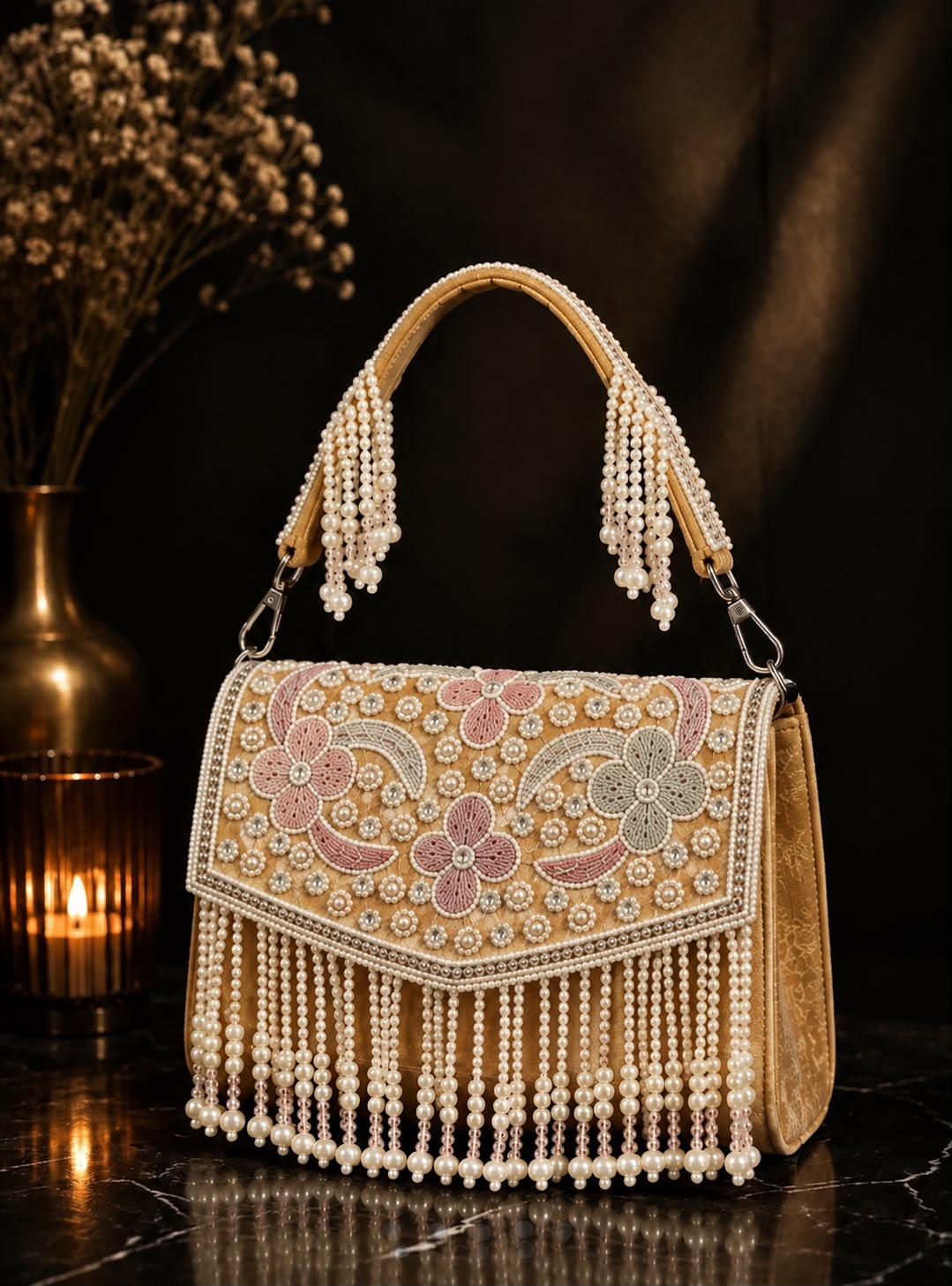 ROSÉ PEARL EMBROIDERED SHOULDER BAG