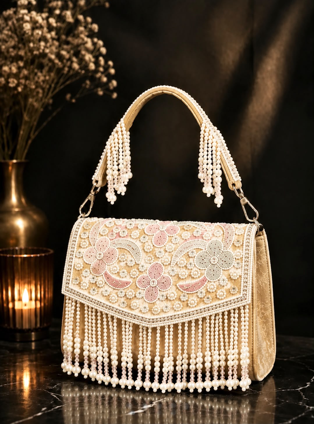 ROSÉ PEARL EMBROIDERED SHOULDER BAG