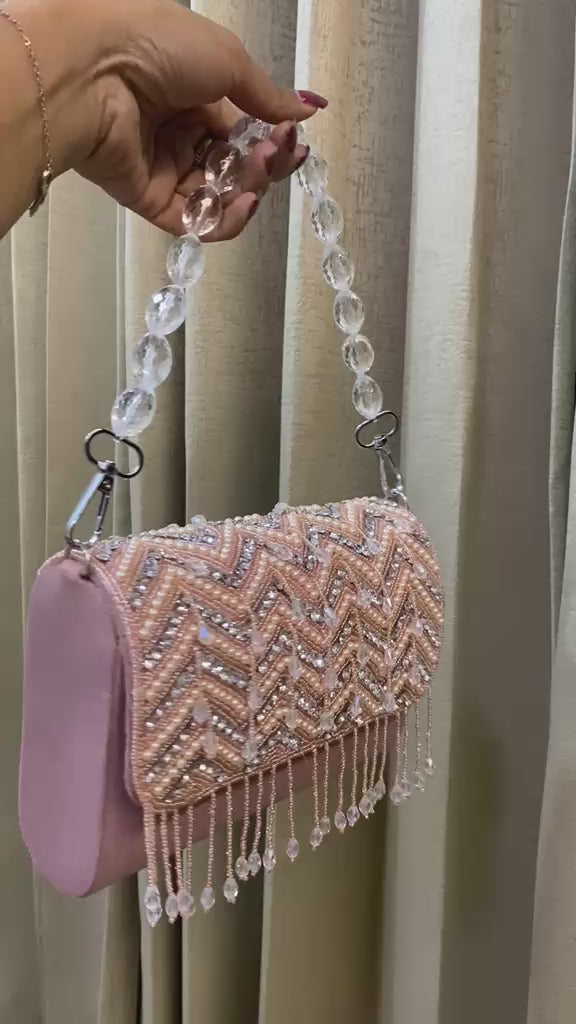 Blush Chevron Pearl Fringe Clutch