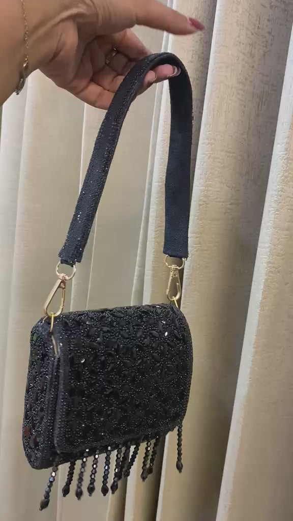 Noir Crystal Fringe Bag